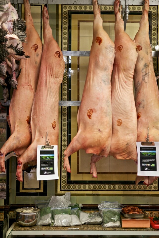 Butchered meat hanging in the Allens shop