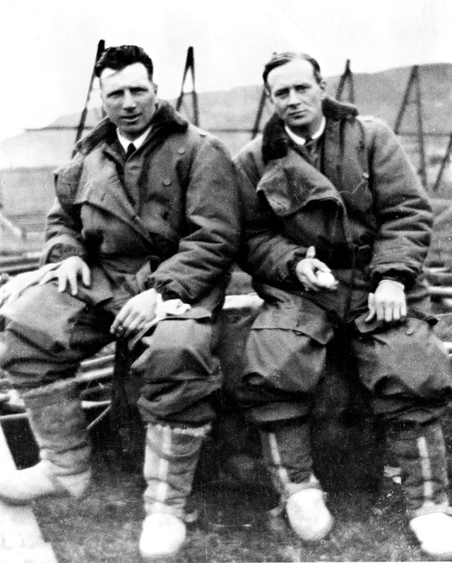 Aviators John Alcock and Arthur Whitten Brown, wearing Burbe