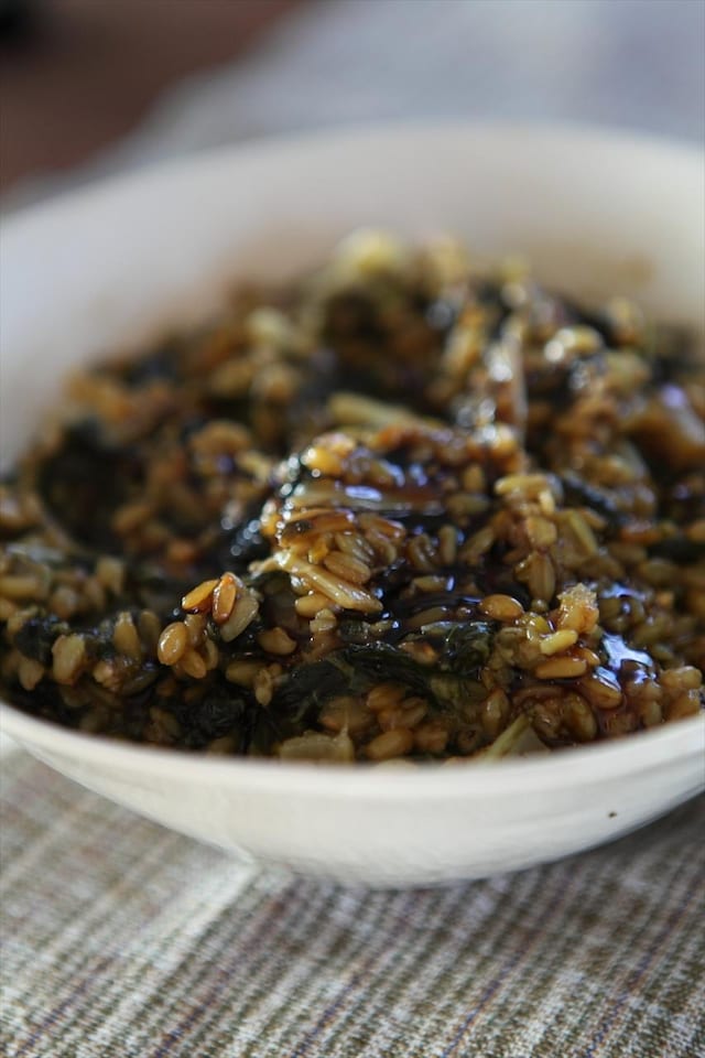 Split wheat and Swiss chard with pomegranate molasses