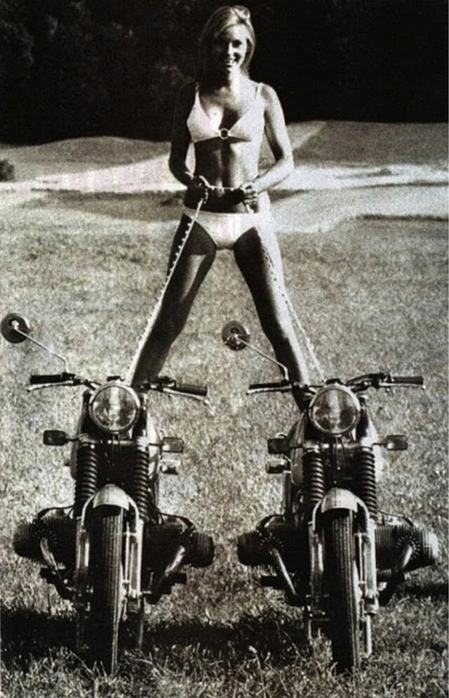 Woman riding two bikes