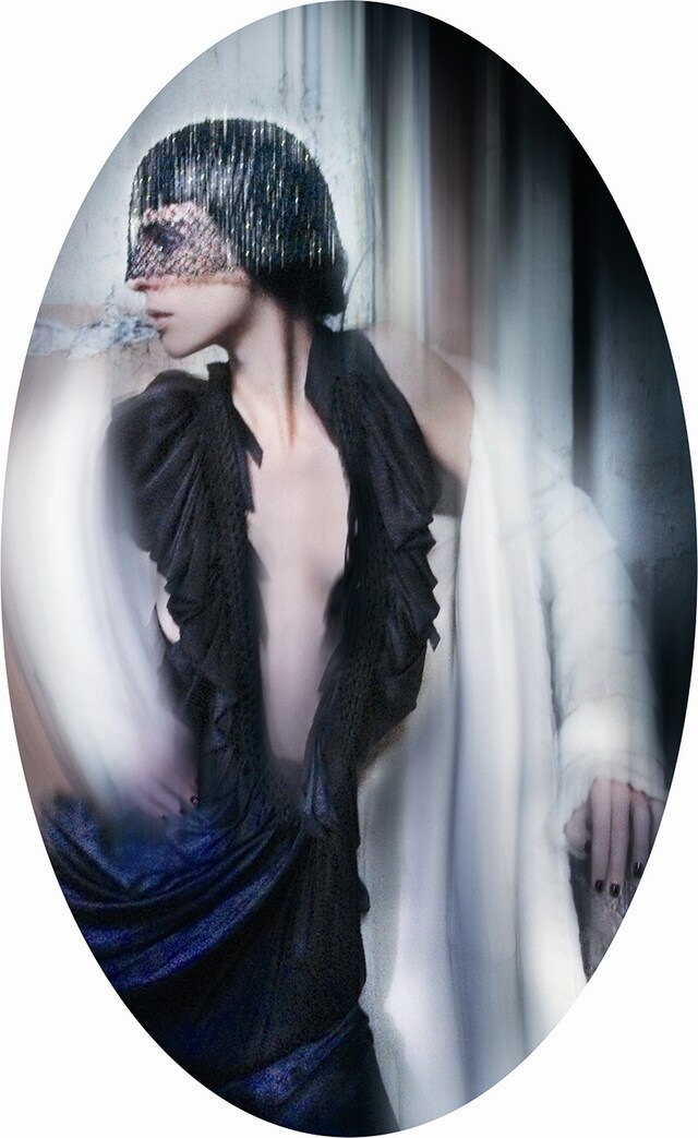 Hat by Philip Treacy, c. 2004; Net dome hat, net; Coat by Lo