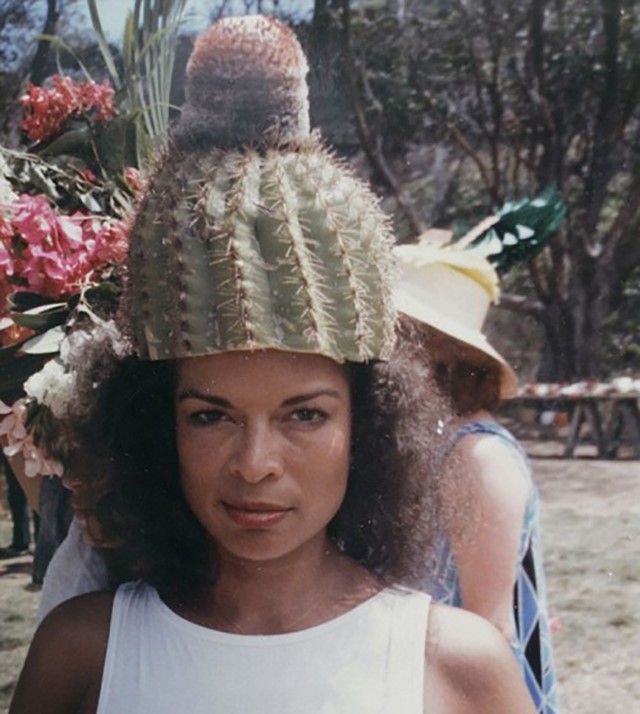 Bianca Jagger in a cactus hat on Mustique in the 70s