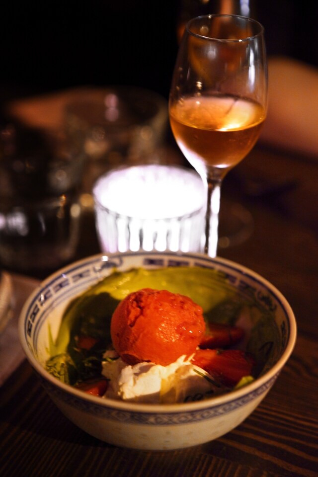 Strawberries and cream with mint and sorbet