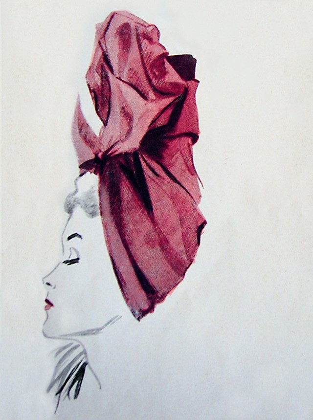 Silk turban in shocking pink, 1944