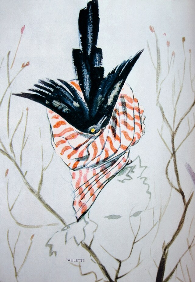 Striped surah turban topped with a straw blackbird, 1944