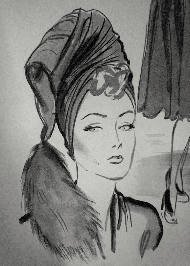 Draped turban finished with foxtail, 1942. Illustration by R