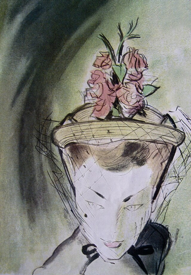 Small straw veiled toques with rose bouquets, 1948