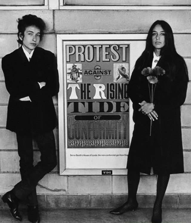 Bob Dylan and Joan Baez with protest sign, NJ, 1964