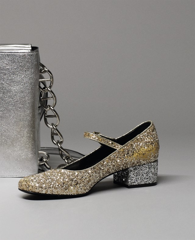 Mary Jane in gold and silver glitter by Saint Laurent, featu