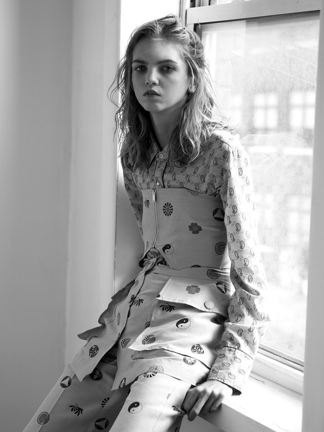 Molly Bair wears tunic and trousers by Stella Mccartney, shi