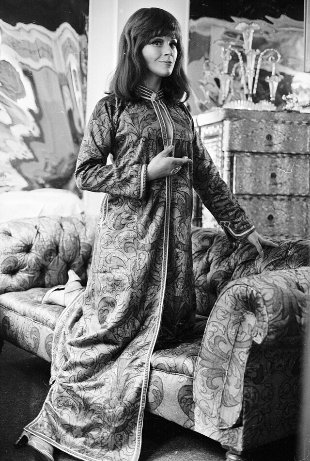 A model in the New York shop wearing a chiffon jumpsuit, 197