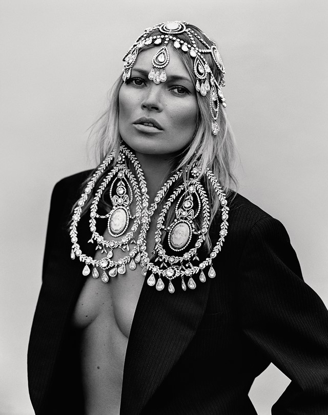 Kate Moss in headpiece and earrings by Christian Dior Coutur