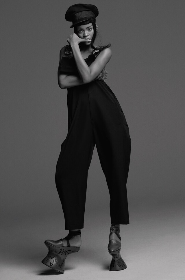 Rihanna wears dungarees and wool cap by Yohji Yamamoto; gros