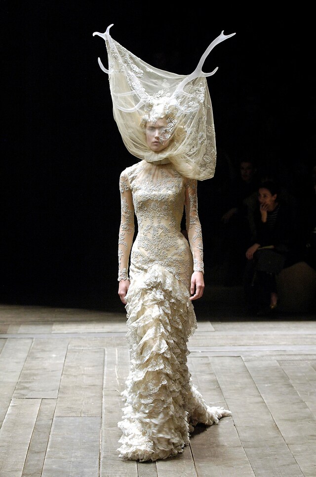 Tulle &amp; lace dress with veil and antlers, Alexander McQueen