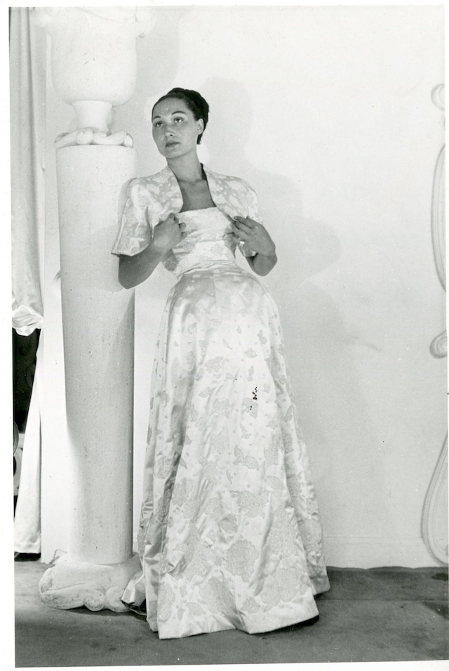Satin and lace evening dress and bolero, 1947