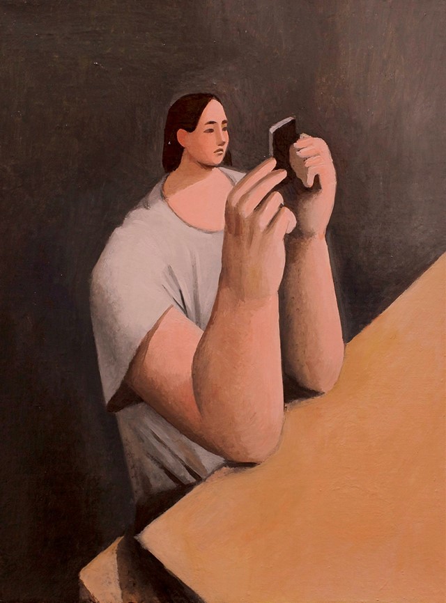 Tony Toscani, Checking Instagram, 2018, Oil on Lin