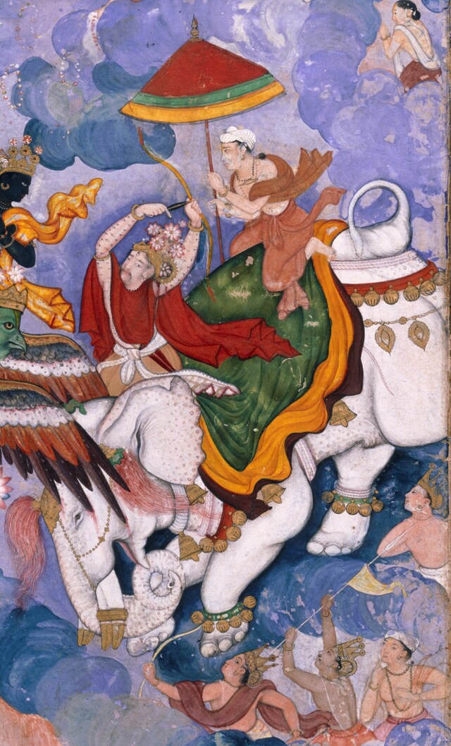 &#39;Krishna and Indra&#39;, about 1590, Lahore, watercolo
