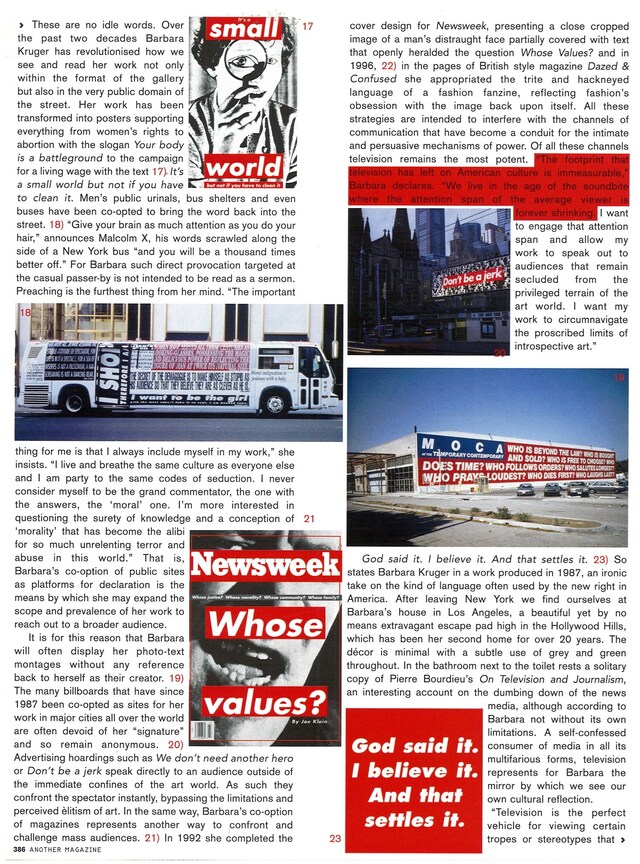 Barbara Kruger for AnOther Magazine Spring/Summer 2004