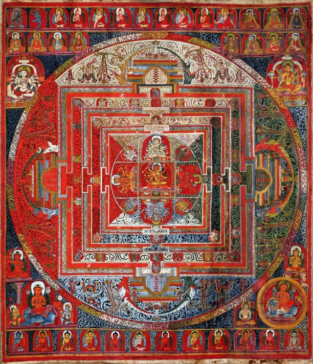 Een Tibetaanse Manjuvajra-mandala met 43 goden, thangkha 