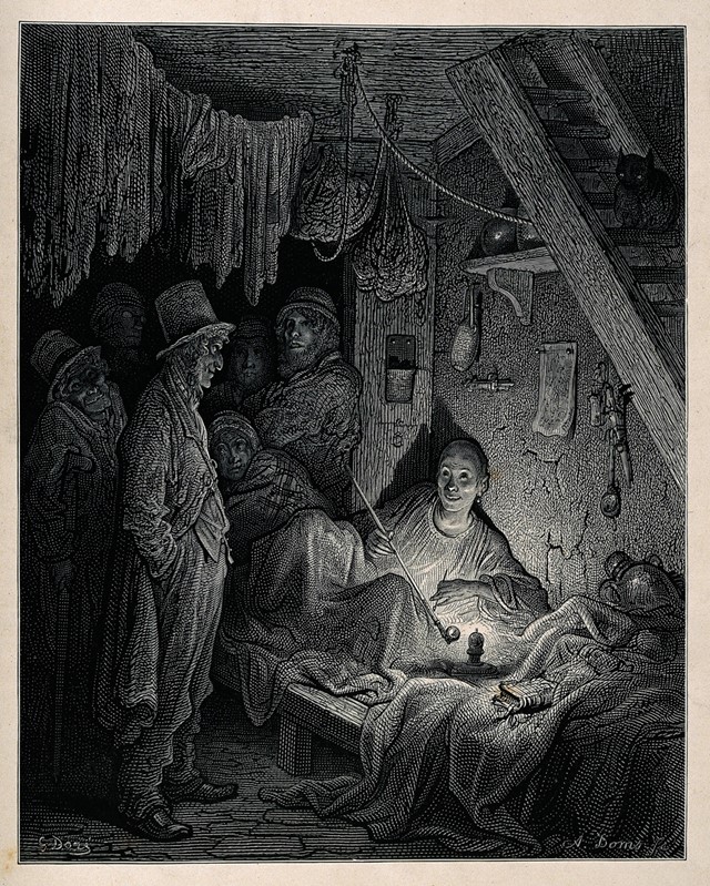 An opium den in London&#39;s East End with a reclining smoker be