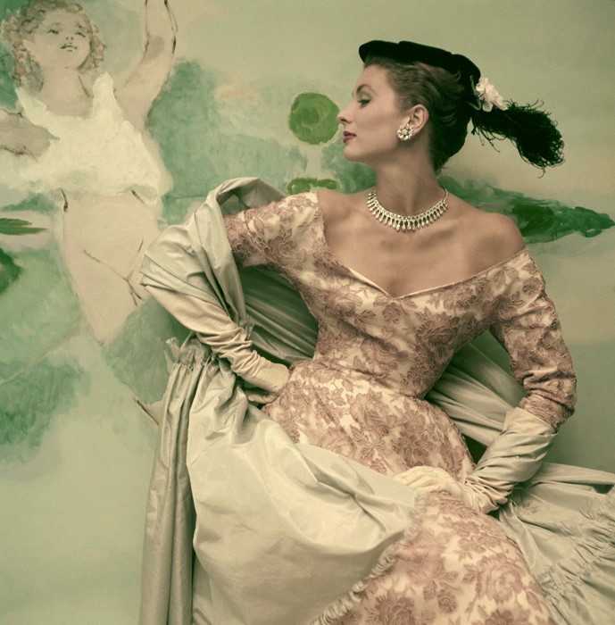 Embroidered lace cocktail dress, 1953