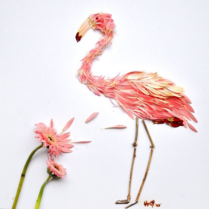 Two pink gerberas and a flamingo made from pink gerberas and