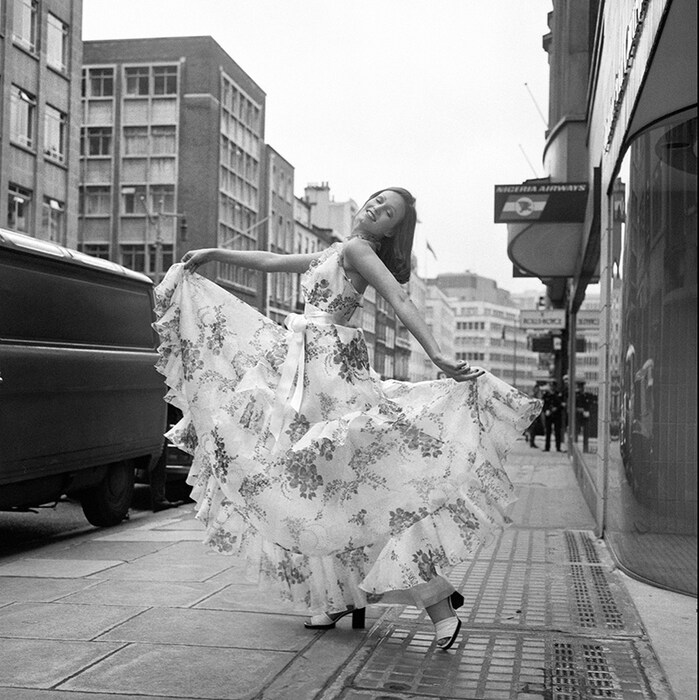 White floral organza evening dress worn by Marion Cameron, d
