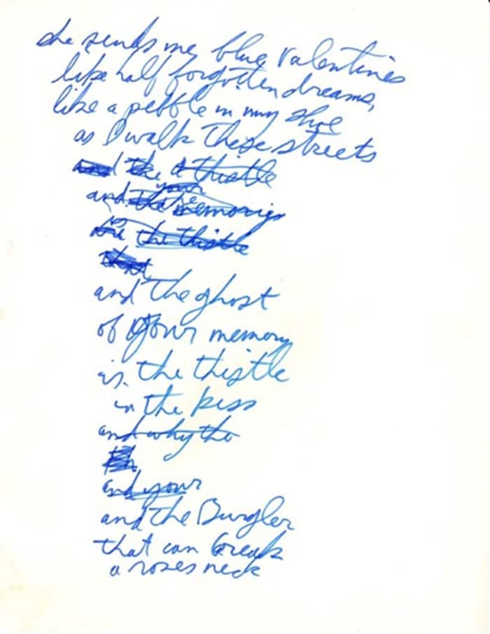 Handwritten Blue Valentines lyrics by Tom Waits