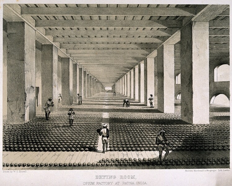A busy drying room in the opium factory at Patna, India, dra