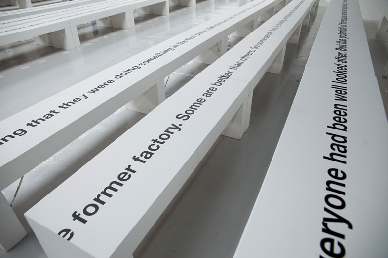 Liam Gillick benches, part of the set design for the Pringle