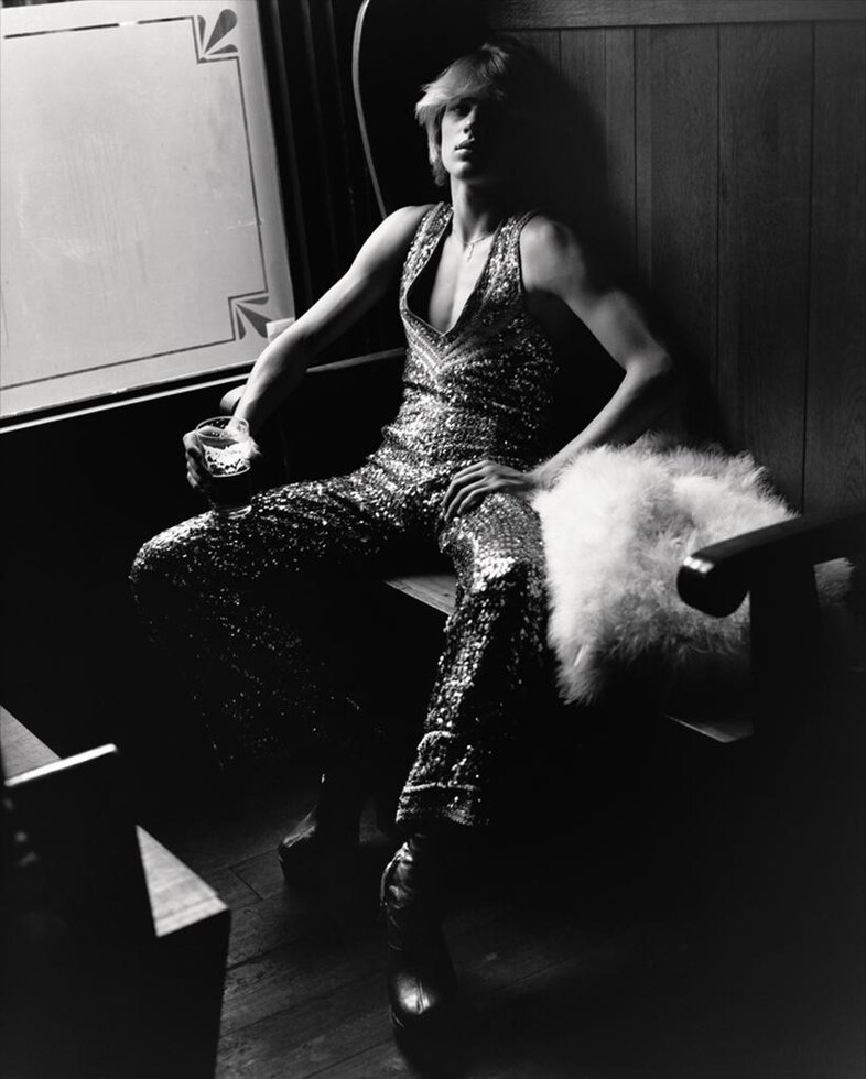 Sequinned jumpsuit from The Contemporary Wardrobe; Marabou f