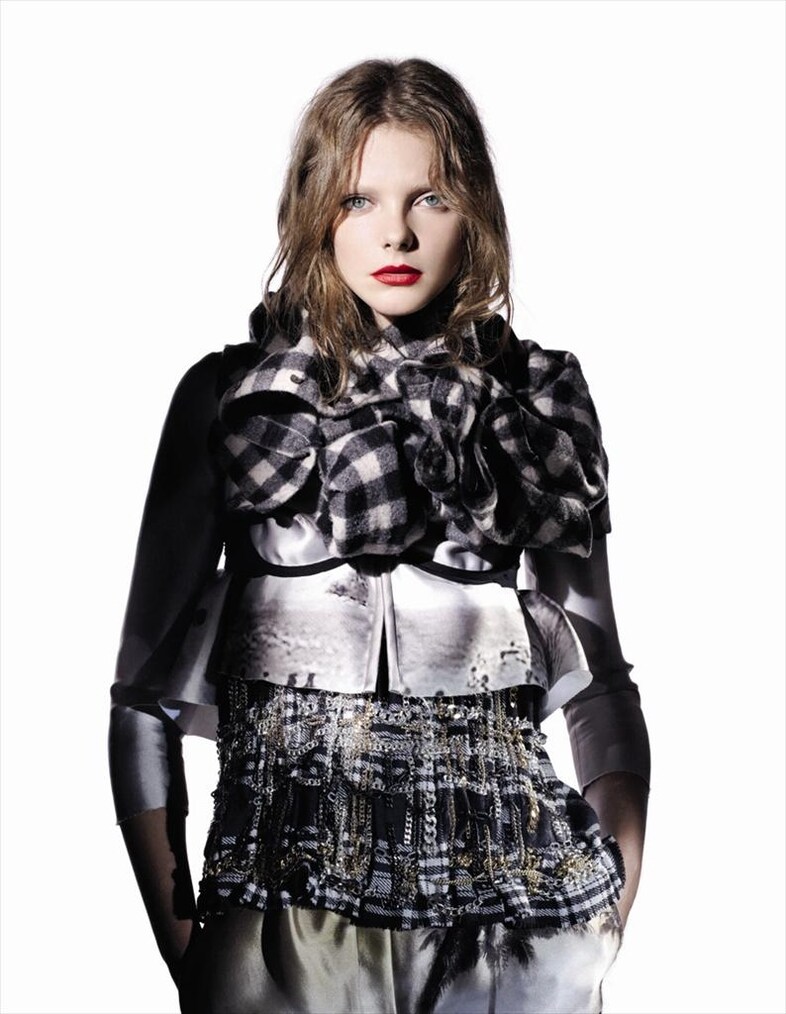 Printed silk top and bloomers by Prada; Plaid Pendleton shir