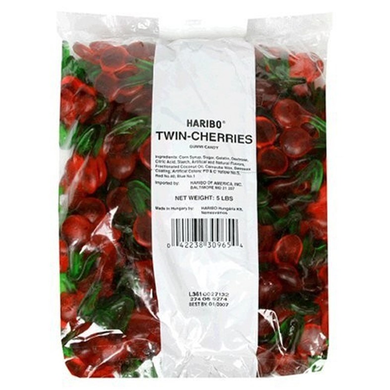 Haribo Gummi Candy, Twin Cherries, 5 Pound Bag.