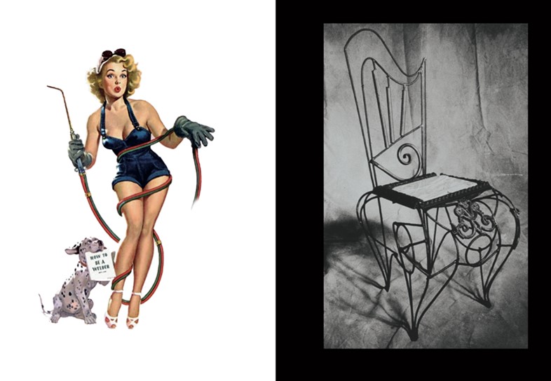 (L) 1950s welder pin-up, (R) Tom Dixon, Marble Seat Chair, 1