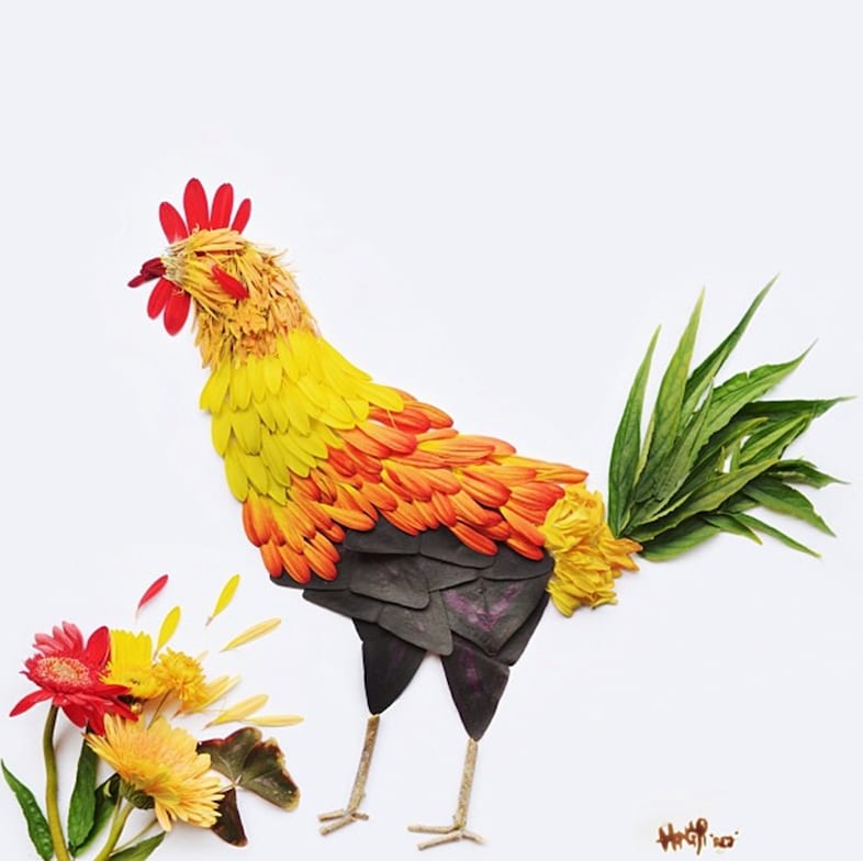 Rooster made from gerberas and leaves