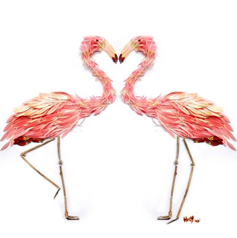 Flamingos made from pink gerbera petals and twigs