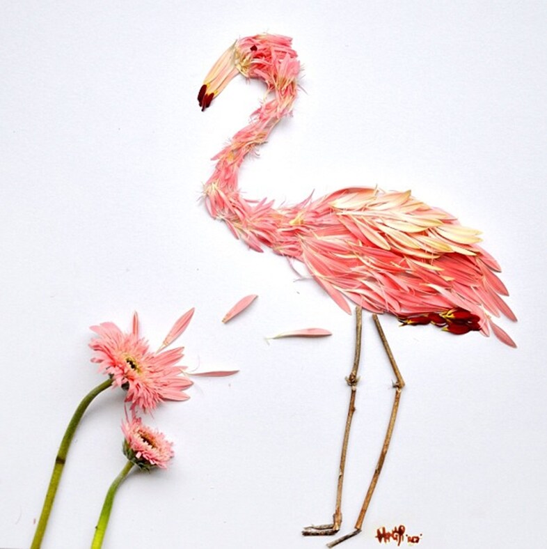 Two pink gerberas and a flamingo made from pink gerberas and