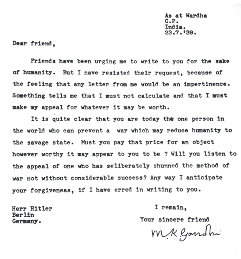 Mohandas Gandhi to Adolf Hitler, July 23rd, 1939