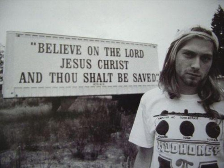 Kurt Cobain in front of a Billboard along I-5 near Centralia