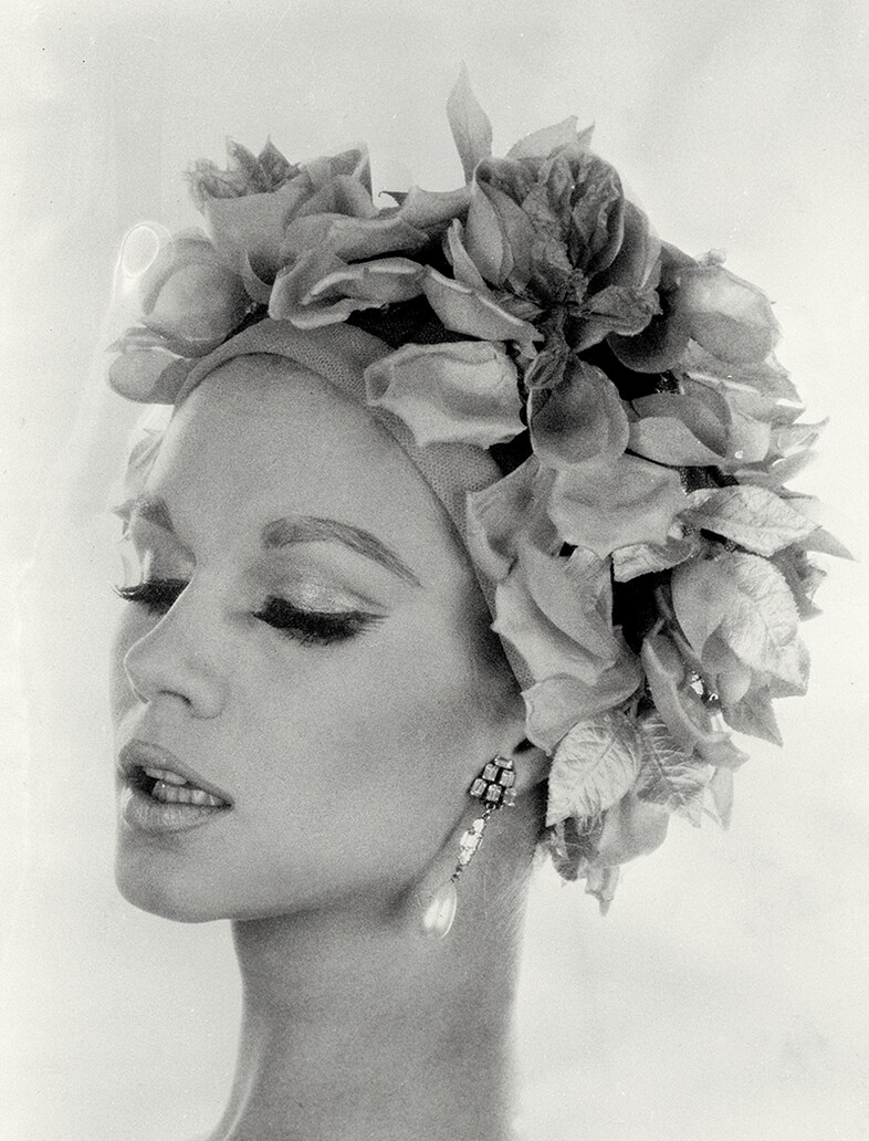 Close-fitting toque with shocking-pink rose petals, 1964