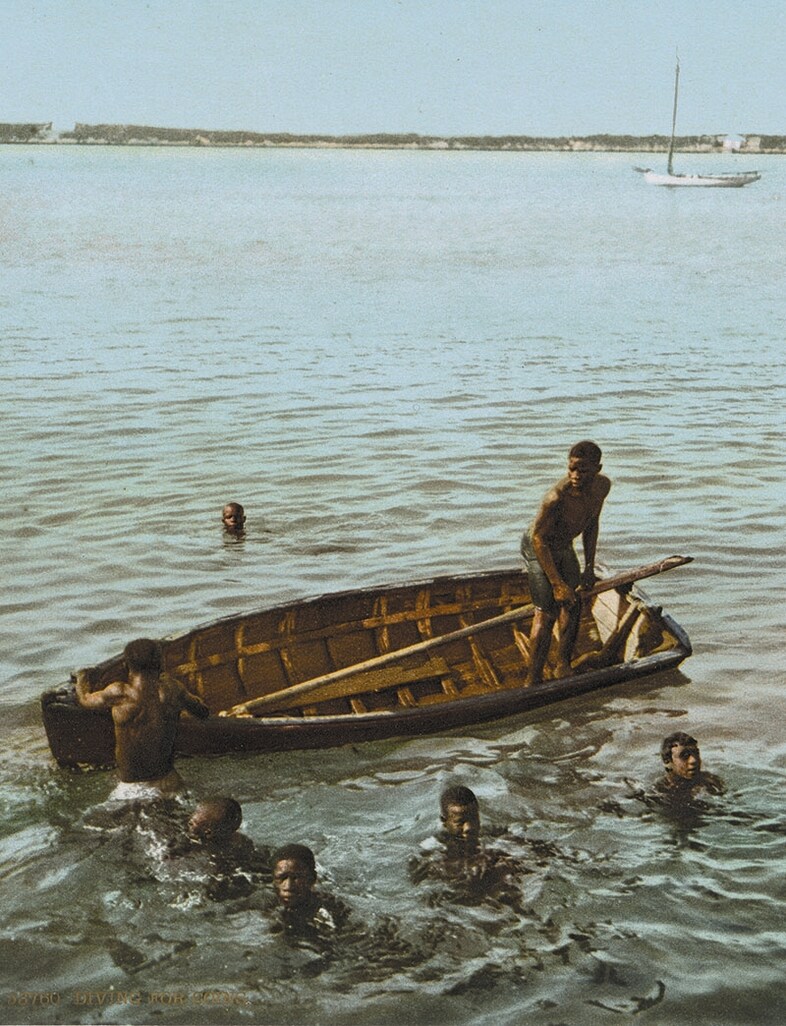 Diving for coins, Bahamas, photochrom, by William Henry Jack