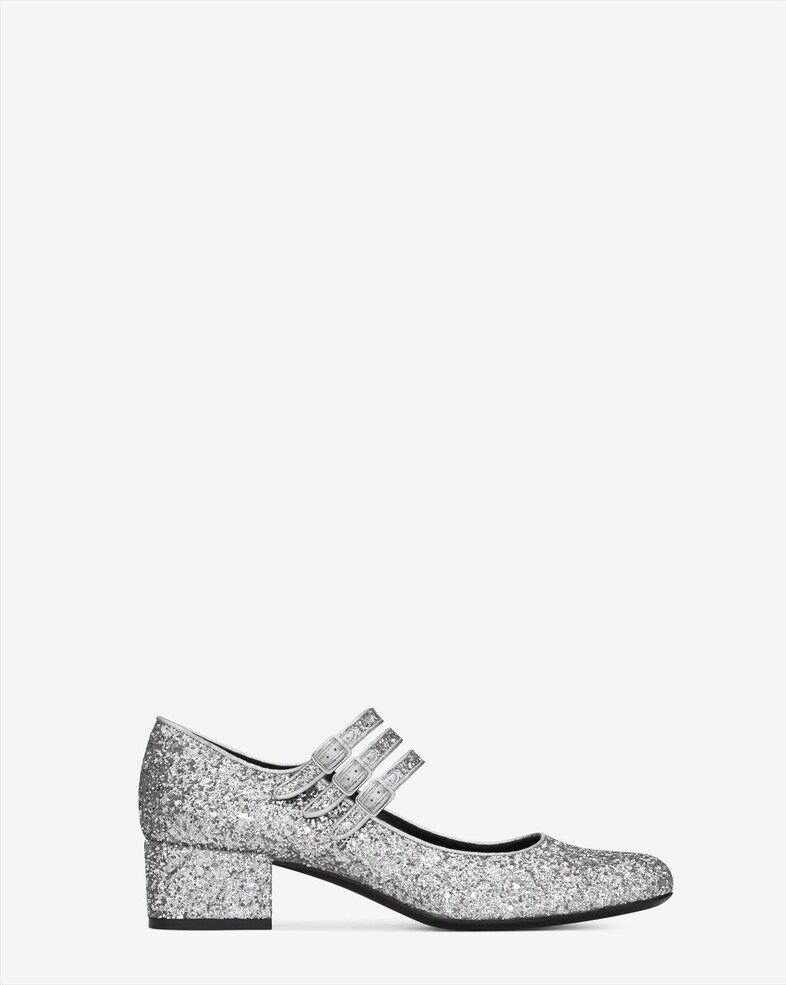 Triple strap mary jane in silver glitter by Saint Laurent A/