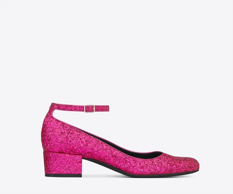 Ankle-strap shoe in pink glitter by Saint Laurent A/W14