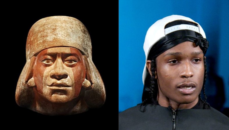 Left: Pre Colombian – Moche portrait head of Cut Lip, 400 AD