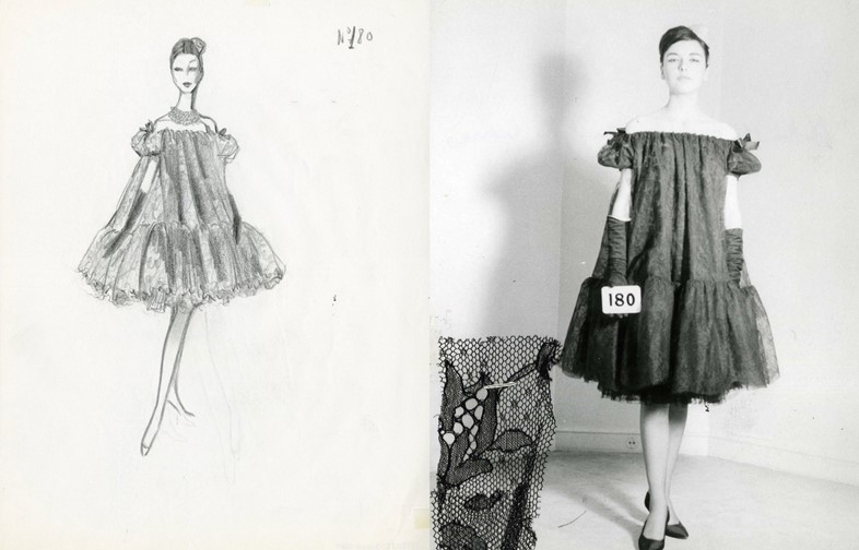 Sketch for a baby doll dress and the final garment, 1958