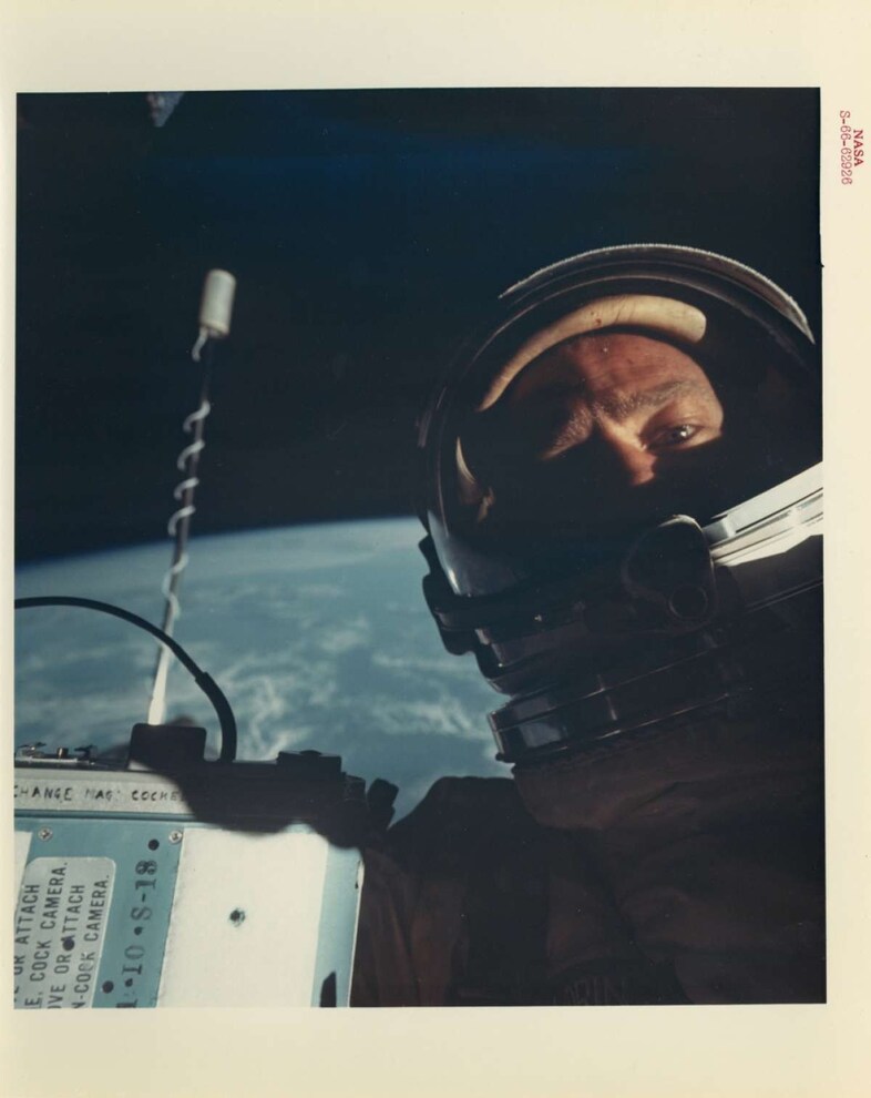 Buzz-Aldrin in the first self portrait in space, 1966