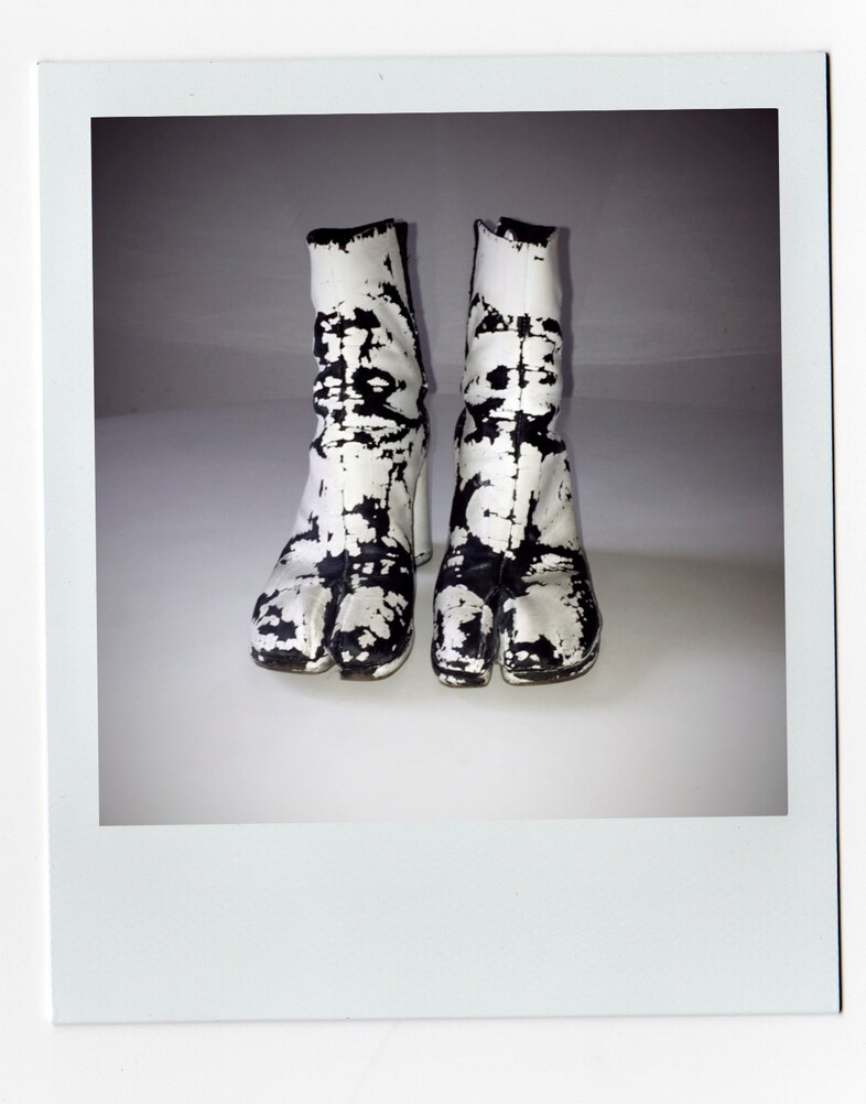 Distressed painted white Tabi boots, 2004