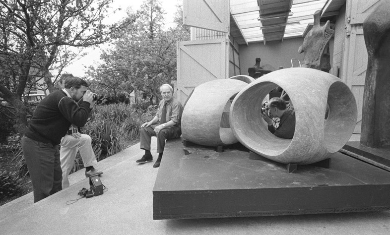 Henry Moore taking a rest during the filming of a 