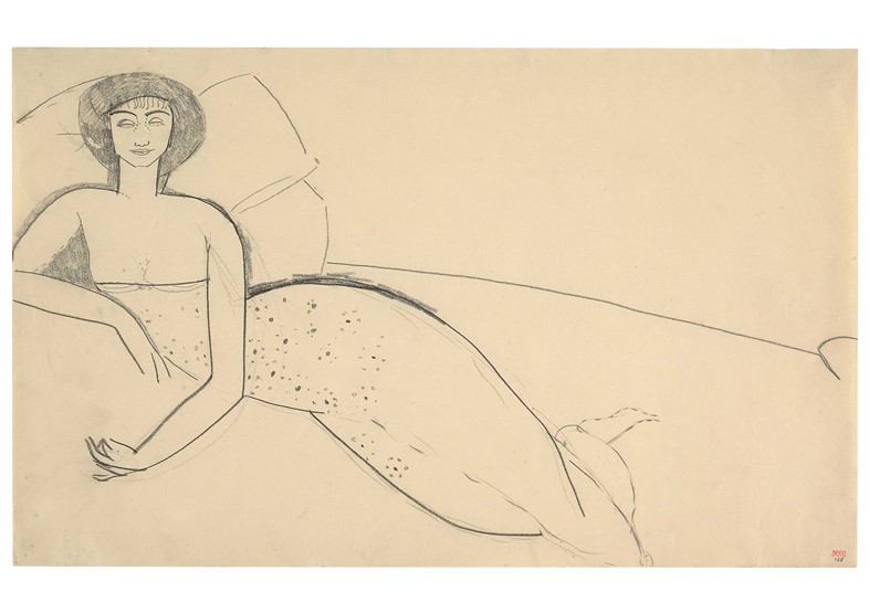 Woman Dressed in Low-Cut Gown Reclining on a Bed -