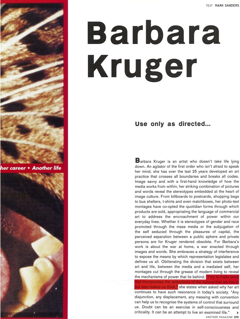 Barbara Kruger for AnOther Magazine Spring/Summer 2004